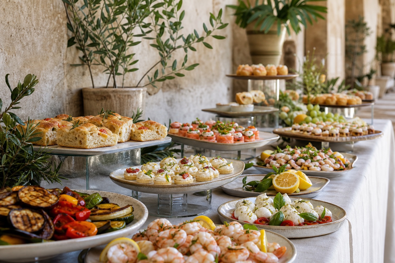 Buffet mediterraneo tra gli olivi: focaccia, crudi, verdure grigliate
